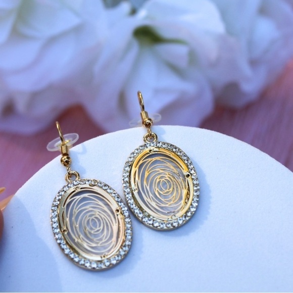 Camellia Flower Round Rhinestone Gold  Drop Earrings - Picture 11 of 13